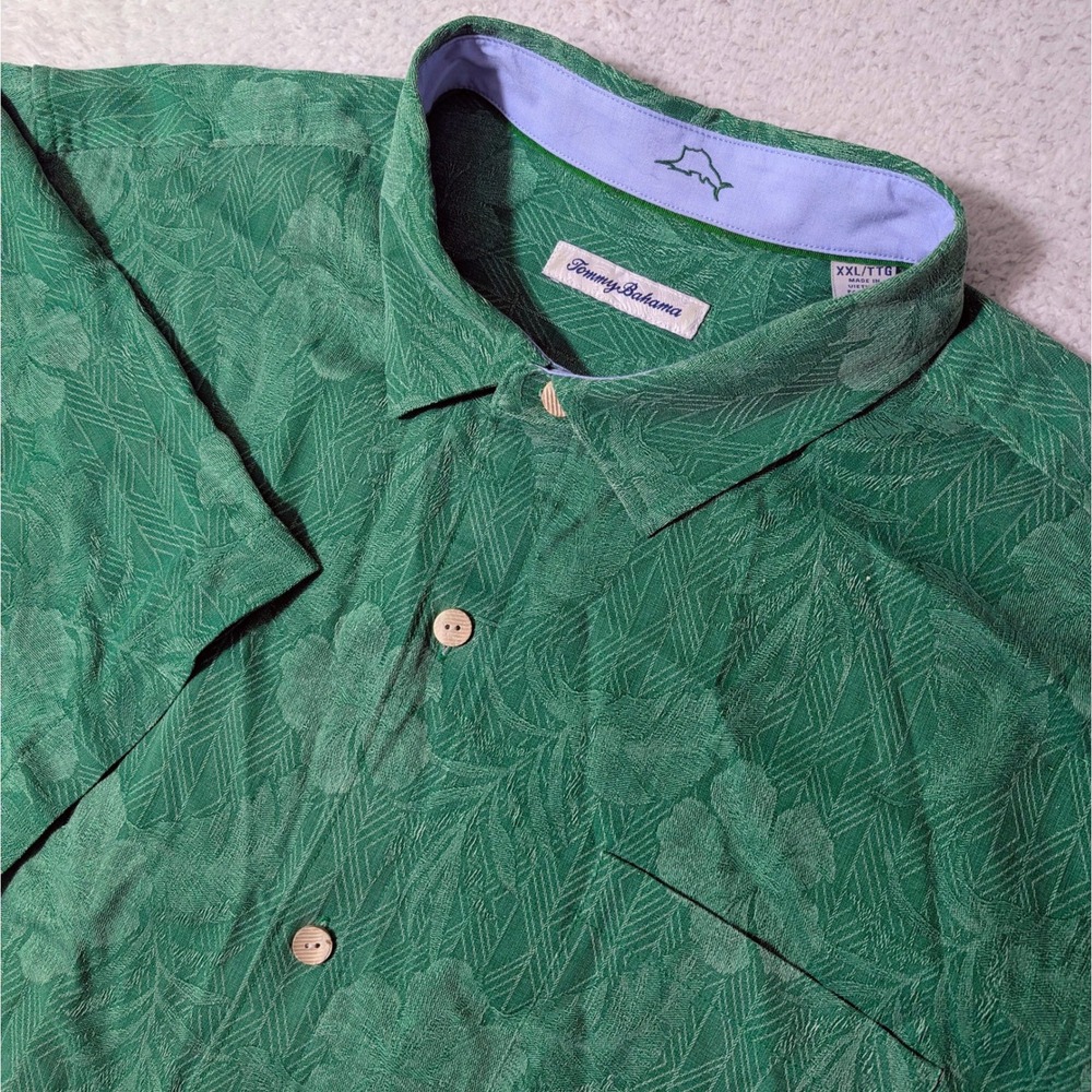 Tommy Bahama Button Shirt Men XXL‎ Green Silk Jacquard Tropical Floral washable